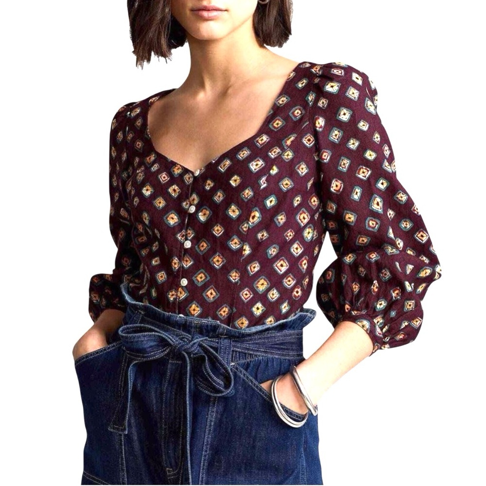 Polo Ralph Lauren Womens Top Size 00 Block Print Linen Button Front Blouse New